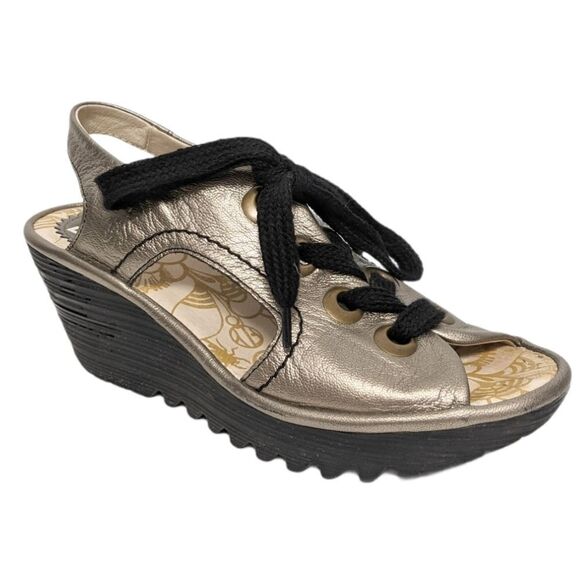 FLY LONDON Ylva Metallic Leather Wedge Sandals 38 - Picture 13 of 13